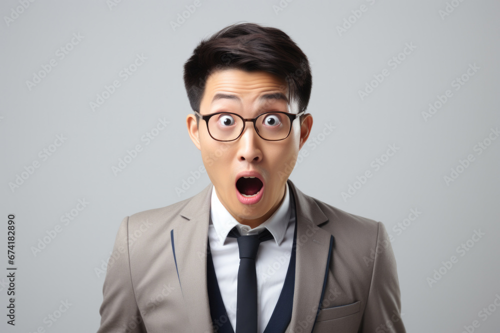 young asian man amazed expression in a modern minimalist company young asian man amazed expression in a modern minimalist company