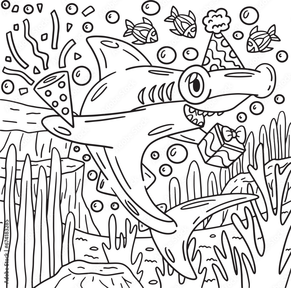 Shark with Party Hat and Confetti Coloring Page 