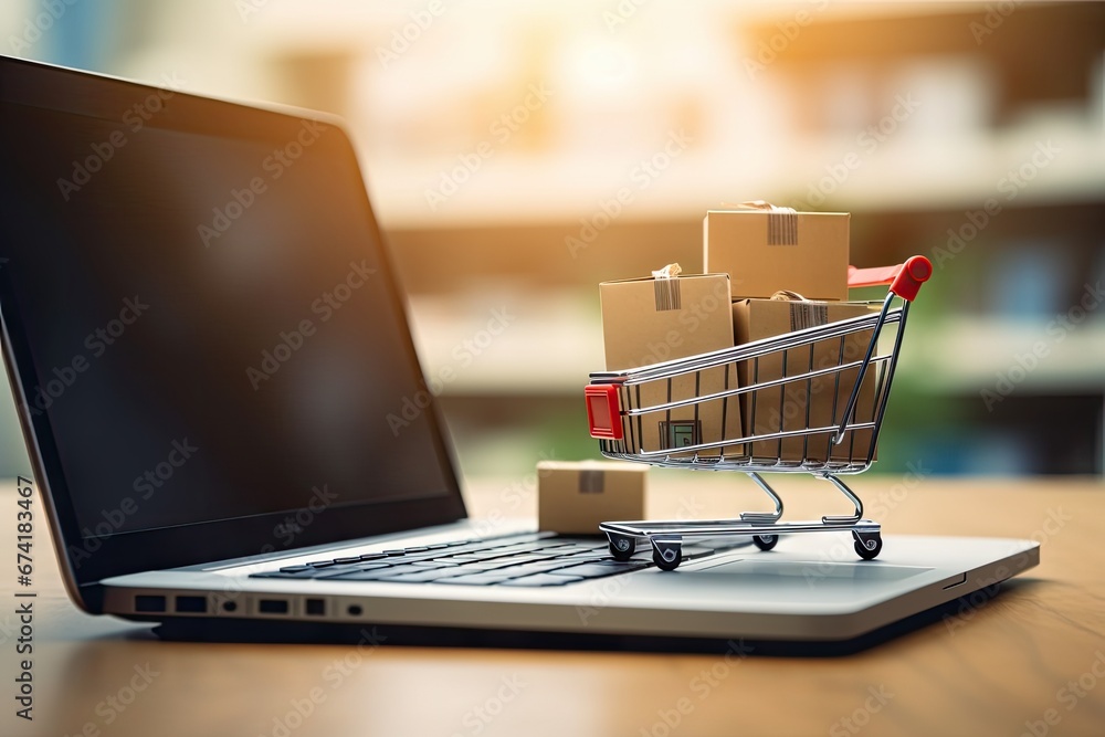 Online shopping and delivery concept depicted with a cart of product package boxes a shopping bag and a laptop displaying a blurred web store shop