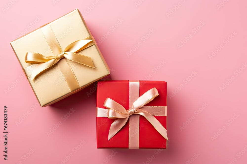 Overhead view of hands holding gift box on pink background Suitable for various occasions Overhead view of hands holding gift box on pink background Suitable for various occasions