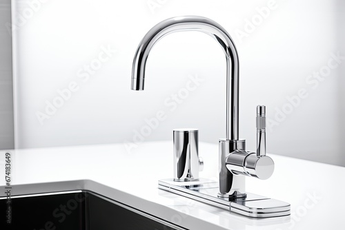 The image shows a modern bathroom faucet with both cold and hot water outlets, as well as a kitchen tap. The faucet is placed on a white background and is captured from the front view.
