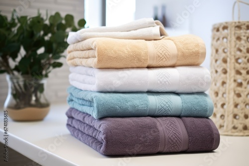 The picture showcases a set of 5 plush bath towels displayed separately The close up image highlights the intricate weaving of the terrycloth fabric These towels are made of brand ne