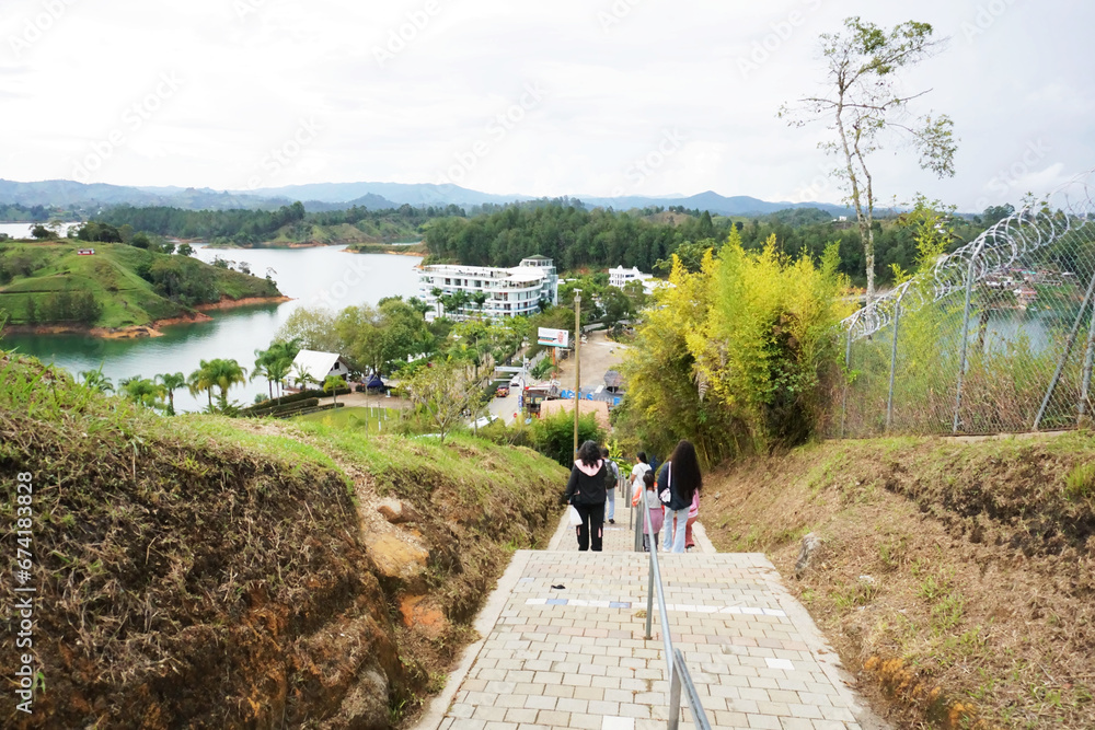 Guatapé, Antioquia, Colombia; October 25, 2023: Panoramic view of the Guatapé reservoir from the Peñol Stone descent path
