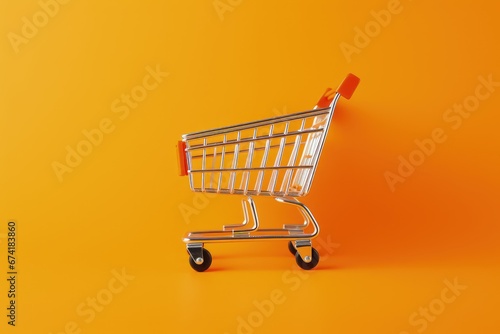Top view of an orange background with a shopping trolley on a podium representing minimal autumn shopping and sale concept