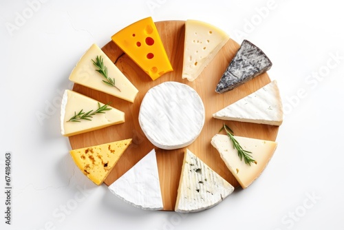 Variety of cheeses including Suluguni camembert blue cheese parmesan maasdam brie with rosemary and pepper arranged on an old white wooden backdrop Free