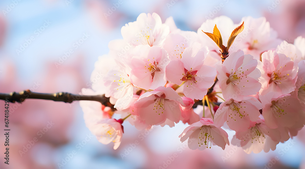 Close-up of delicate pink cherry blossoms in full bloom against a clear blue spring sky, symbolizing the beauty of spring.