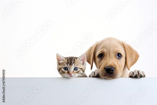 Labrador puppy and kitten peek over blank sign for sale ad © LimeSky