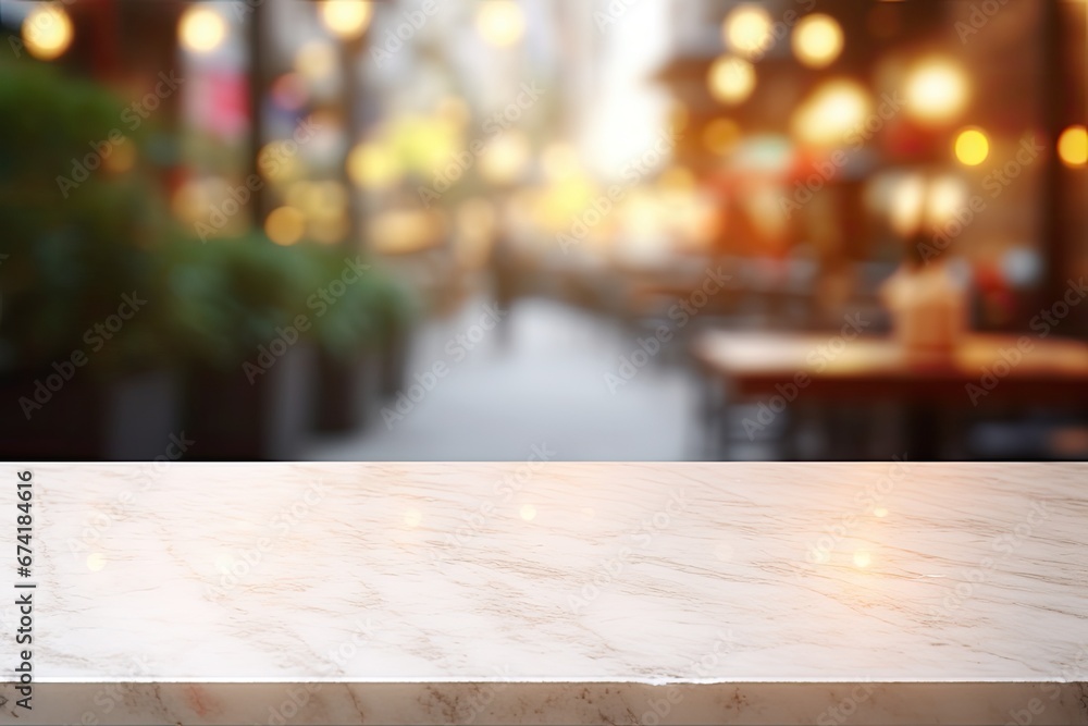 Marble table top with blurred cafeteria background ideal for product display and advertising online