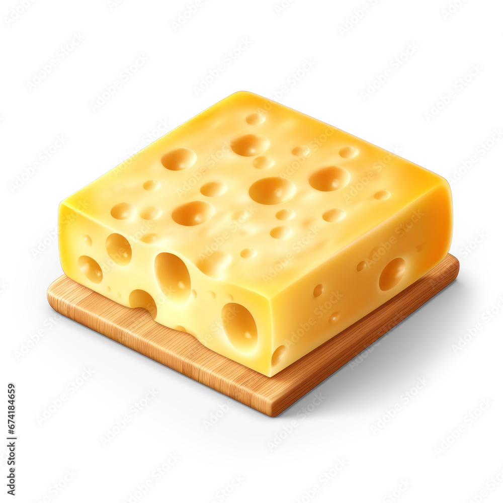cheese block, swiss cheese, on a wooden board isolated on a white background cheese block, swiss cheese, on a wooden board isolated on a white background