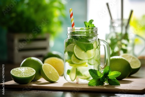Mason jar containing mojito lemonade with lime slices mint leaves shaker and spoon on wooden table