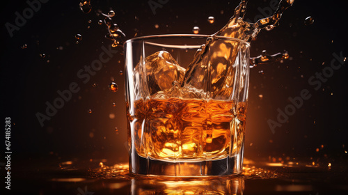 whisky in a glass with splashes, generative ai