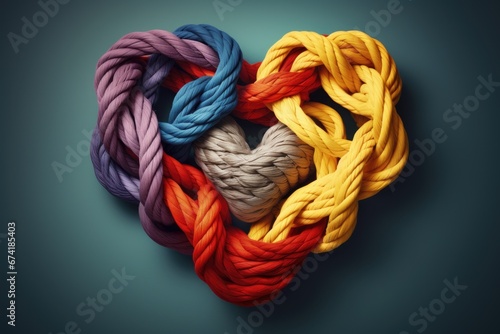 Metaphorically diverse ropes are joined together as a heart to symbolize the concept of teamwork and cooperation in business