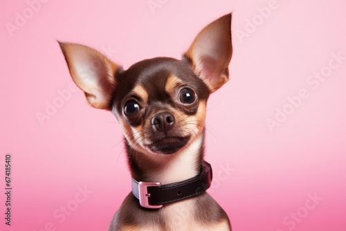 Mexican chihuahua dog with tongue out isolated on pink background looking at camera with red collar