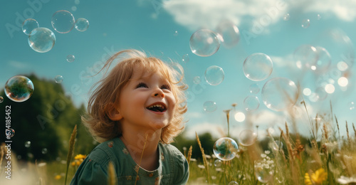 A young child blowing bubbles and chasing them in a vibrant meadow. Concept of childhood innocence and play. Generative Ai.