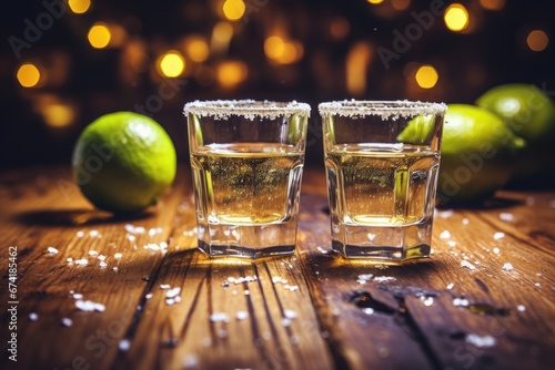 Mexican gold tequila served in shot glasses with lime salt and a selective focus on a toned image