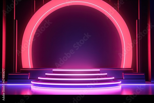 Neon lit geometric forms and podiums display products on an abstract background