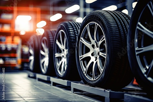New tires in an auto repair center with a blurry background of a new car in stock set at a big warehouse