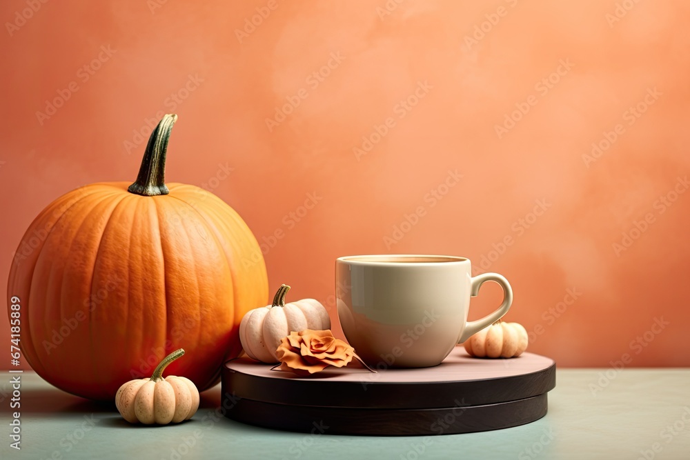 Spicy pumpkin coffee concept with pastel colors pumpkins and a geometric podium copy space available Spicy pumpkin coffee concept with pastel colors pumpkins and a geometric podium copy space available
