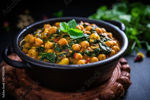 Spicy Moroccan chickpea stew with spinach arranged on flat surface photo