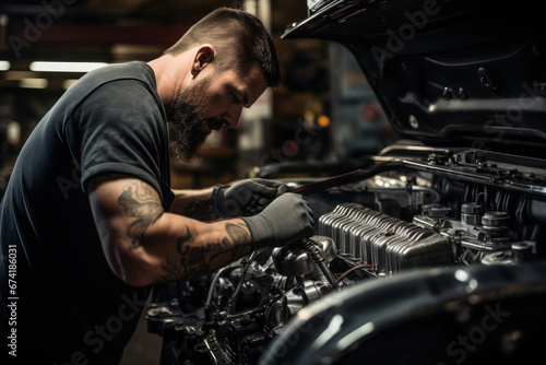 A mechanic repairing a vintage car with passion and expertise. Concept of automotive restoration and craftsmanship. Generative Ai. © Sebastian