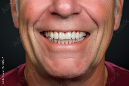 A smiling patient confidently showing their restored teeth with dental implants. Concept of improved self-esteem and oral function. Generative Ai.