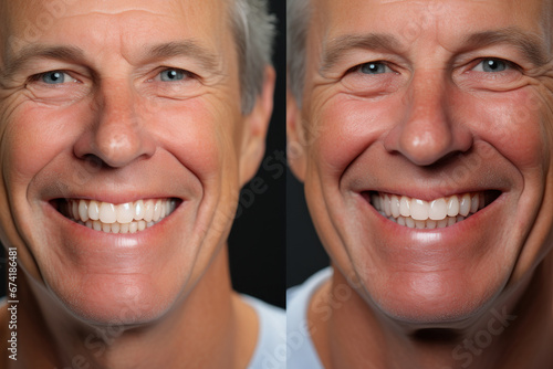 A before-and-after photo of a patient's smile transformation with dental implants. Concept of cosmetic dentistry and enhanced aesthetics. Generative Ai.