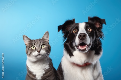 Striped tabby cat and border collie dog with happy expression together on blue background banner framed gazing at camera