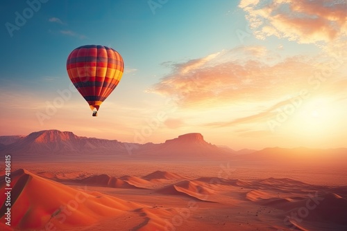 Sunrise desert landscape with a hot air balloon representing travel inspiration success dream and flight © LimeSky