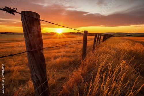 Sunrise over Alberta s prairie grasslands behind a wooden barbed wire fence photo