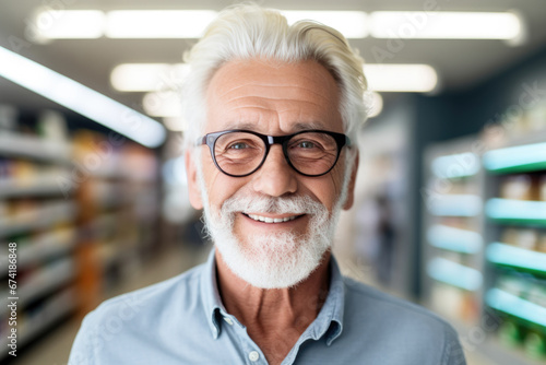 senior old man happy expression in a super market . ai generated