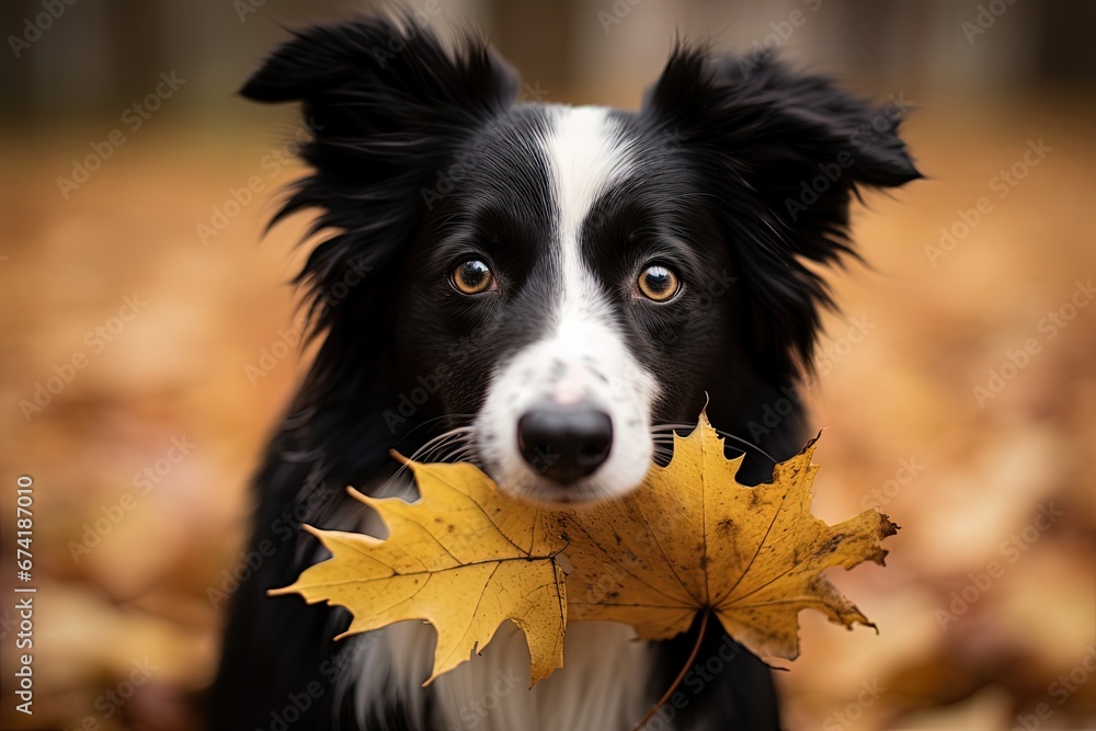 Stunning black and white border collie holds leaf in park Stunning black and white border collie holds leaf in park