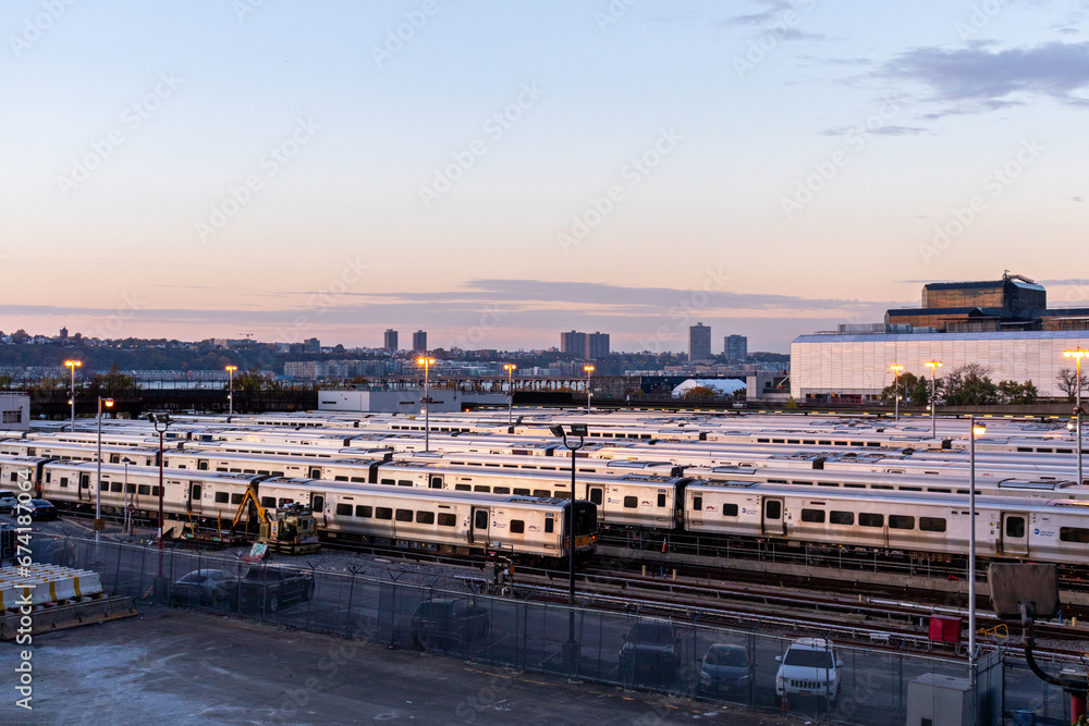train yard at sunset