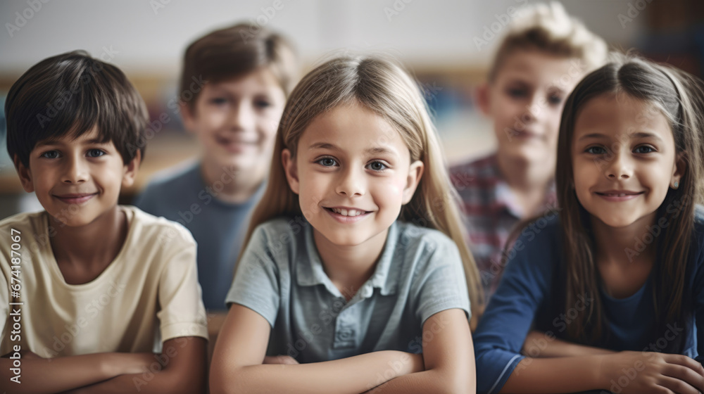 Portrait of smiling schoolchildren sitting at desk in classroom. School concept. Back to school concept. Children concept Portrait of smiling schoolchildren sitting at desk in classroom. School concept. Back to school concept. Children concept
