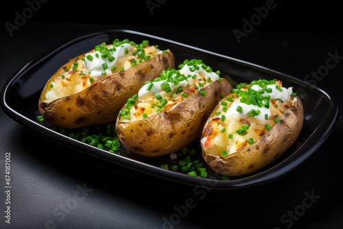 Stuffed baked potatoes with butter cream cheese green onions and seasoning top view on a black background