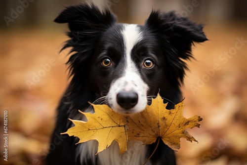 Stunning black and white border collie holds leaf in park © LimeSky