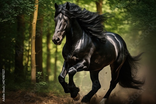Stunning Friesian horse portrait in the woods