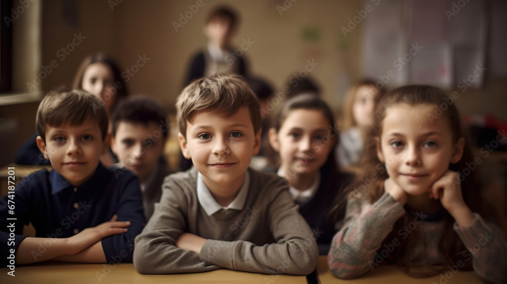 Portrait of smiling schoolchildren sitting at desk in classroom. School concept. Back to school concept. Children concept Portrait of smiling schoolchildren sitting at desk in classroom. School concept. Back to school concept. Children concept