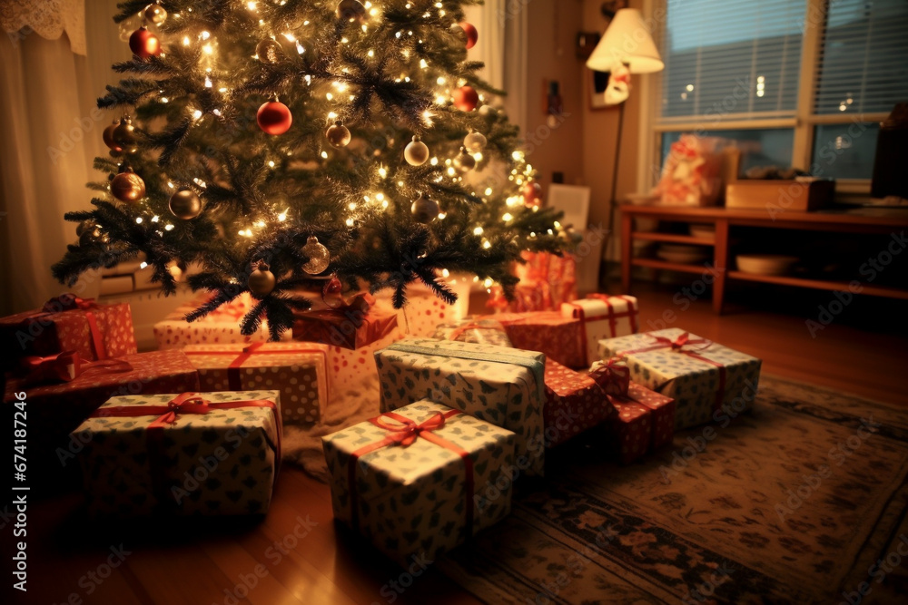 12月の冬の寒いクリスマスの季節にクリスマスツリーを飾る家のリビングルーム「AI生成画像」