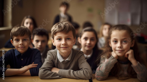 Portrait of smiling schoolchildren sitting at desk in classroom. School concept. Back to school concept. Children concept