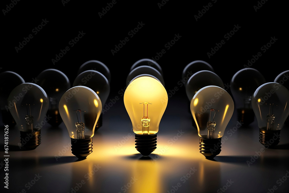 conceptual image of a group of unlit light bulbs which are placed around another light bulb that is on and is different and stands out from the rest, the light of the bulb is reflected on the floor - obrazy, fototapety, plakaty 