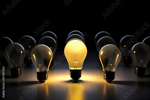 conceptual image of a group of unlit light bulbs which are placed around another light bulb that is on and is different and stands out from the rest, the light of the bulb is reflected on the floor photo