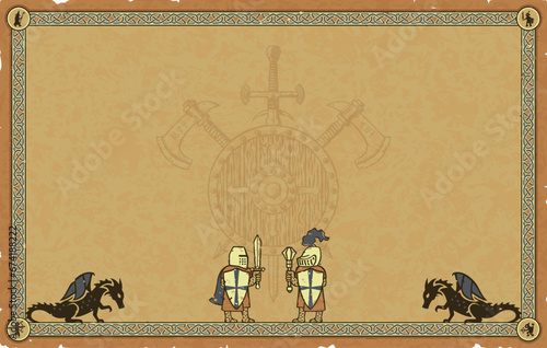 Medieval Parchment, Knights, Dragons, Coat of Arms