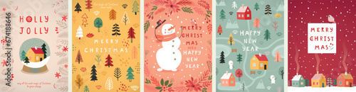 Christmas card set - hand drawn cute flyers. Postcards with lettering and Christmas graphic elements.