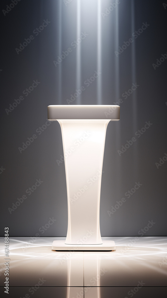 modern pedestal podium with a glossy white finish stands in the center of a dimly lit room modern pedestal podium with a glossy white finish stands in the center of a dimly lit room