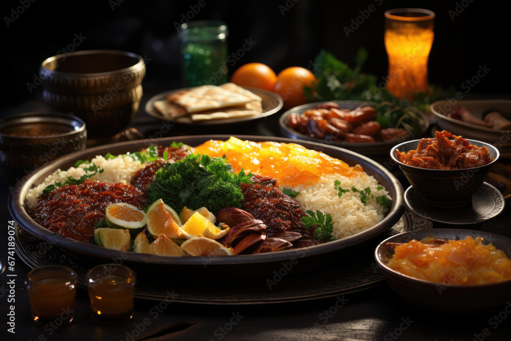 A festive Ramadan iftar meal in the Middle East, featuring a spread of delicious dishes to break the day's fast. Generative Ai. A festive Ramadan iftar meal in the Middle East, featuring a spread of delicious dishes to break the day's fast. Generative Ai.