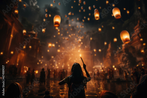 A serene scene of Buddhist worshippers releasing lanterns during Yi Peng in Thailand, creating a breathtaking spectacle. Generative Ai. photo