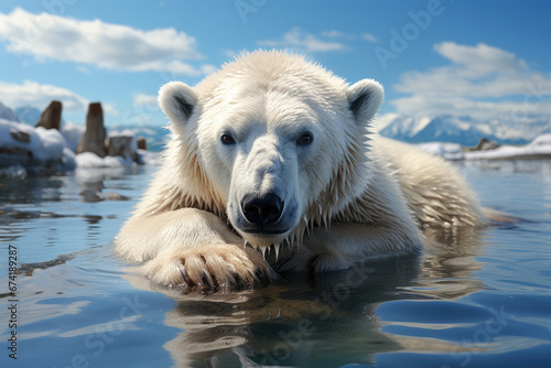A polar bear stranded on a rapidly melting ice floe, illustrating the urgent issue of disappearing Arctic ice. Concept of climate change and endangered species. Generative Ai.