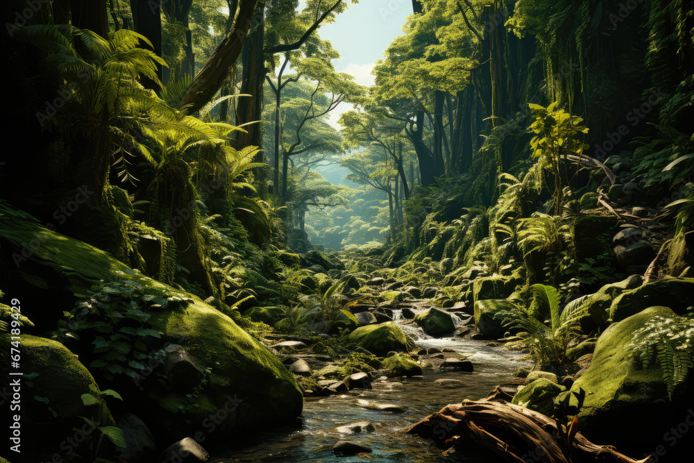 A lush, green forest with vibrant biodiversity, emphasizing the importance of preserving ecosystems as a solution to climate change.  Generative Ai.