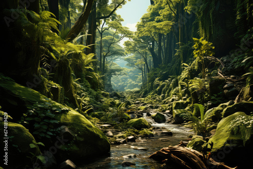 A lush  green forest with vibrant biodiversity  emphasizing the importance of preserving ecosystems as a solution to climate change.  Generative Ai.