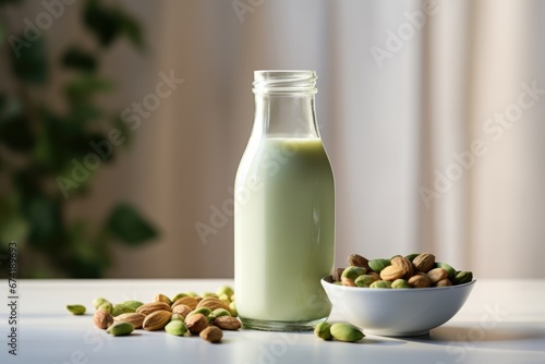 bottle of pistachio milk and bowl with pistachios on blurry background  photo